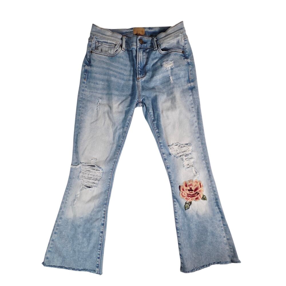 Driftwood Roxy Womens Jeans Sz 27 Embroidered Floral Distressed Flared Blue